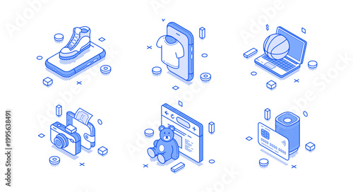 Isometric vector illustration of online shopping and e-commerce. Icons for mobile commerce, digital payments, and online retail. Blue line art for web stores and consumer product marketing
