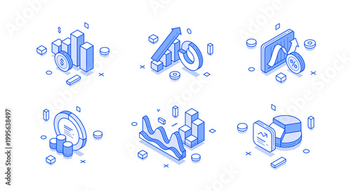 Isometric vector illustration of data analytics and finance. Charts and graphs for business reports and infographics. Blue line art for data visualization, statistics, and market analysis