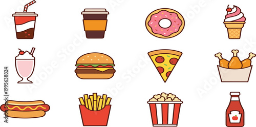 Set of delicious fast food icons featuring burger pizza french fries snacks and refreshing drinks for design projects.