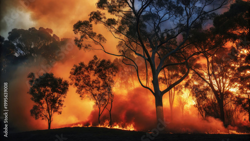 Wildfire raging through dense forest trees concept. A dramatic scene of wildfire engulfing a forest at sunset.