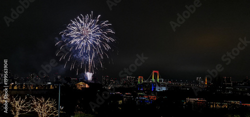 Spectacular fireworks in the Tokyo night sky over the Odaiba area