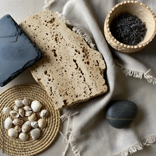 Textured Stone Elements: An artful arrangement of natural stone textures, including rough-hewn slabs, delicate seashells, and textured elements, creating a captivating visual narrative.