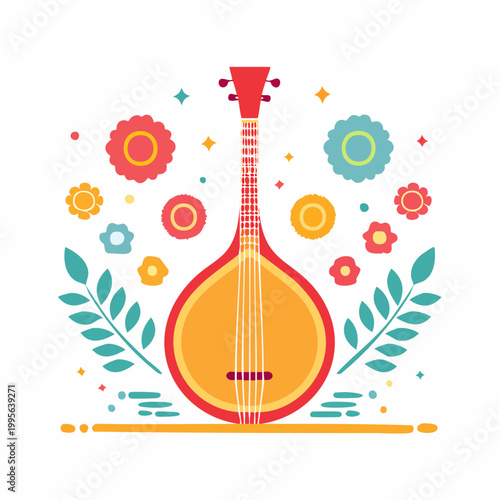 Flat Illustration of a Balalaika with Floral Elements