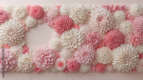 Flower arrangement featuring a dense cluster of soft pink and white dahlias arranged on a light background, creating a delicate and feminine aesthetic suitable for seasonal home decor or backgrounds.