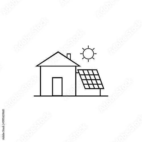 Manually drawn vector illustration of house with solar panels and sun. Handcrafted linear icon representing renewable energy green technology and sustainable home concept. Isolated on white.
