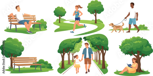 Set of flat vector illustrations depicting people enjoying various recreational outdoor activities in a sunny public park setting