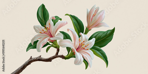 Lily branch featuring pale pink blooms and rich green leaves is presented in a classic artistic style on a solid background, perfect for high-end packaging or elegant editorial illustrations.