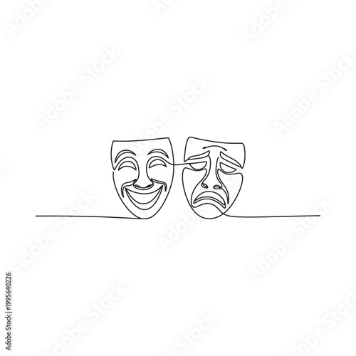 A single line drawing depicts theatrical masks representing comedy and tragedy