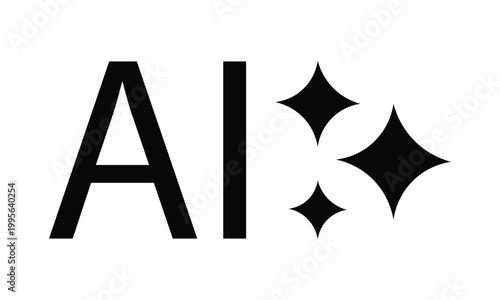 Artificial intelligence black solid icon with ai lettering and magic sparkles for futuristic technology branding.