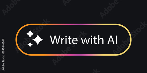 Write with AI button on dark background with gradient and white stars, technology concept.