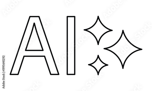 Artificial intelligence outline icon with ai lettering and magic sparkle stars representing smart technology.