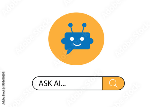 Chatbot assistant search bar interface with cute robot mascot and ask ai text for customer support.