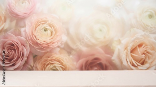 Blurred pastel roses background with soft focus floral texture, dreamy romantic backdrop for wedding invitations, beauty branding, and web design