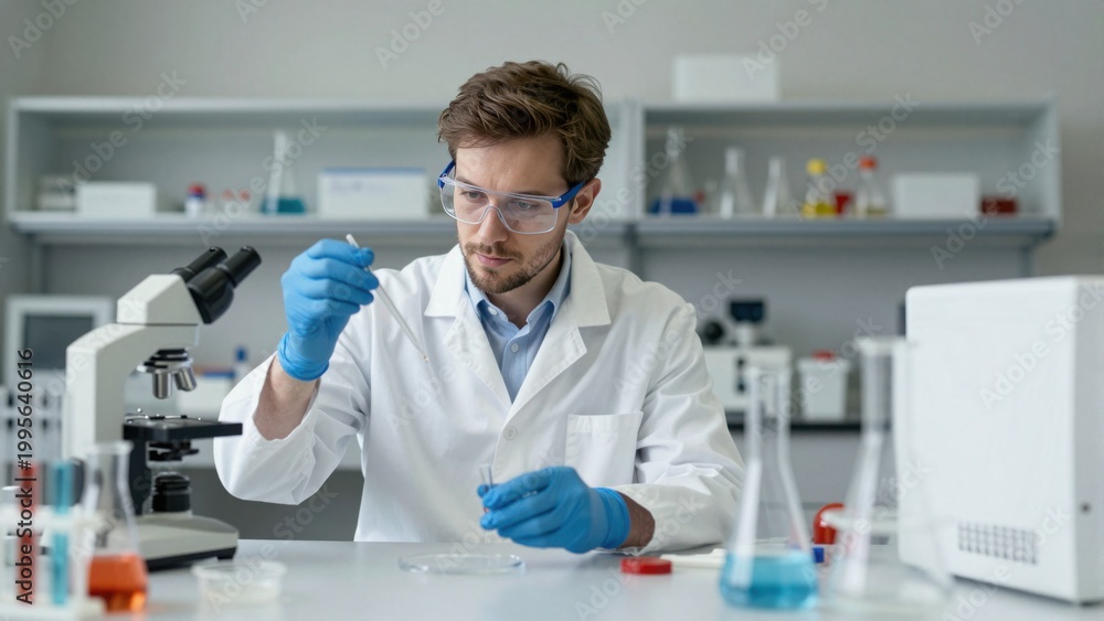 Fototapeta premium Laboratory scientist handling sample with pipette at workstation