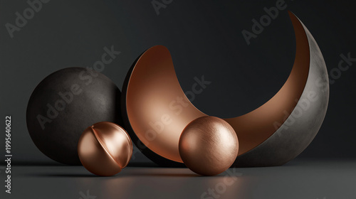 Metallic spheres and a curved crescent shape crafted from copper and dark materials sit on a smooth surface to form a modern abstract composition, highlighting industrial design and artistic form.