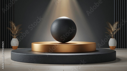 Black sphere levitating above a gold and dark platform creates a luxurious stage for product presentation, emphasized by dramatic spotlighting and symmetrical decorative vases in a modern studio.