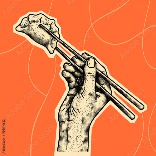 Hand Holding Dumpling with Chopsticks in Vintage Engraving Stipple Style