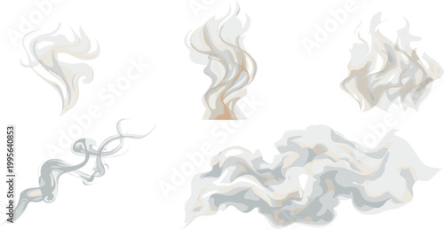 Set of various cartoon smoke clouds and steam vapor wisps isolated on white background for design elements