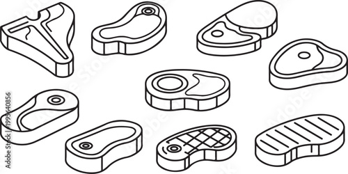 Isometric Vector Icon Set of Raw Meat Steaks, Beef Cuts, and Grilled Fillet Outlines