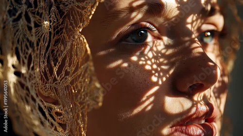 Woman stands as lace shadows dance across her face in a bright room with soft light during the day