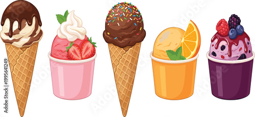 Set of various delicious ice cream treats in waffle cones and colorful cups with assorted fruit and chocolate flavors illustration