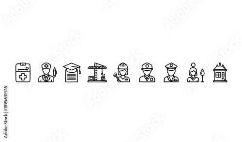 Minimal profession line icons horizontal set editable stroke job and industry symbols for web and mobile isolated on white