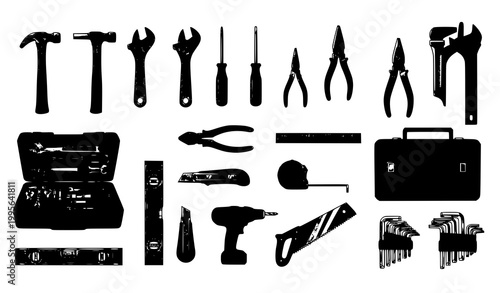 Hand tools and toolbox vector set in grid layout with hammer wrench screwdriver and repair equipment