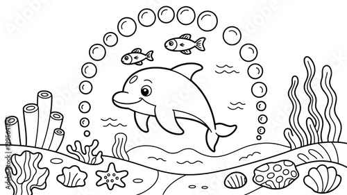 Happy dolphin swimming in the ocean with fish coral bubbles underwater creature wildlife illustration