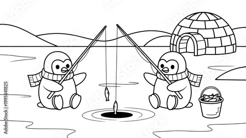 Two adorable cartoon penguins engaged in ice fishing by an igloo catching fish black and white line art