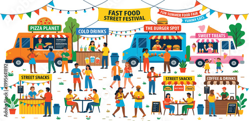 Vibrant outdoor fast food street festival scene with diverse people buying snacks from colorful food trucks and stalls