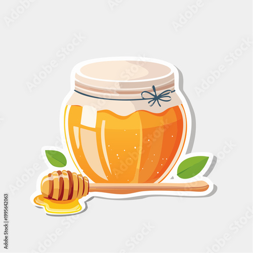 Jar of Honey with Honey Dipper and Leaves