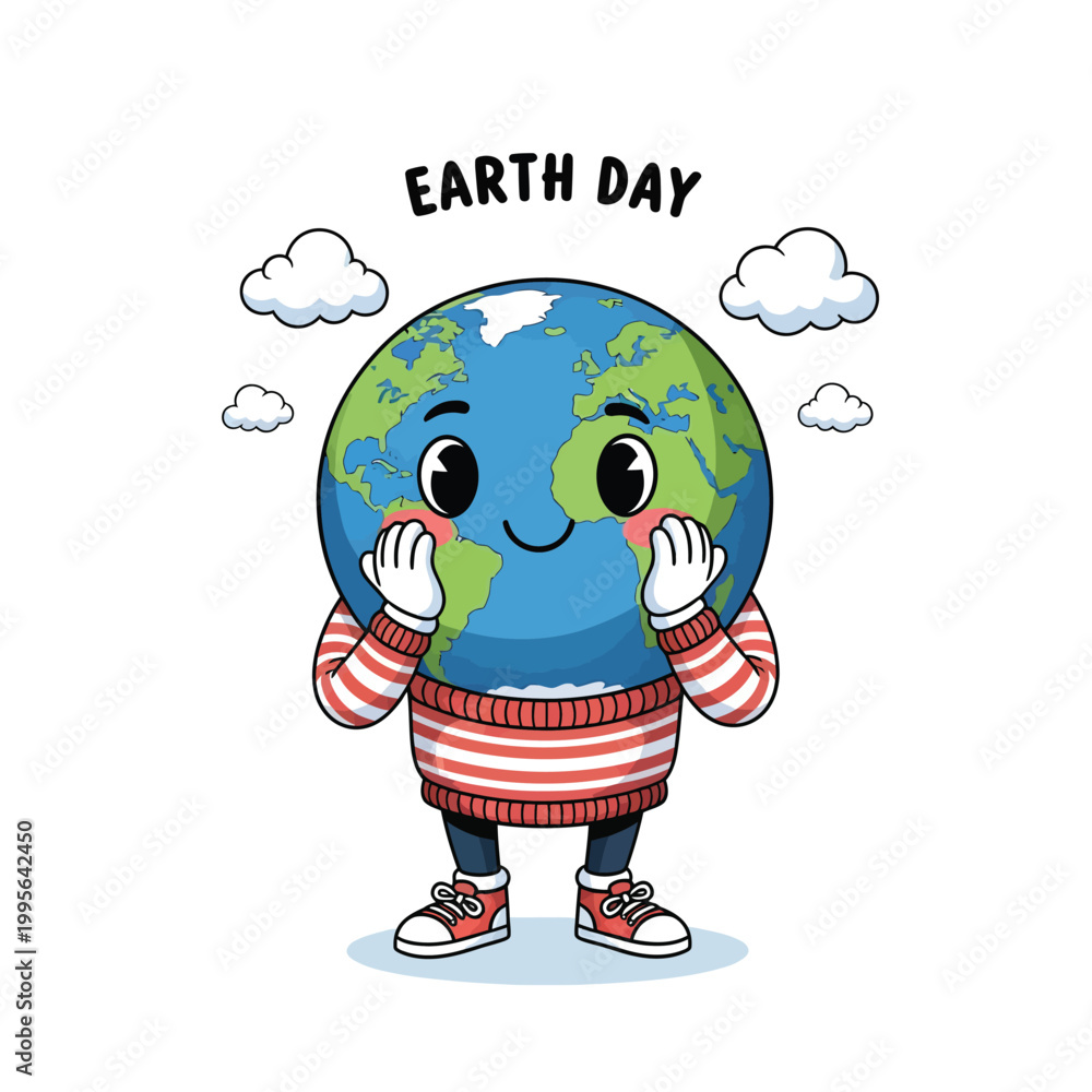 Obraz premium Cute earth character celebrating earth day with hands up