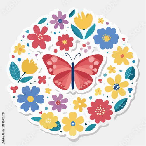 Butterfly surrounded by colorful flowers in a circular pattern
