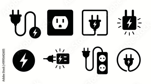 Collection of black silhouette electrical plug and socket icons for power and energy