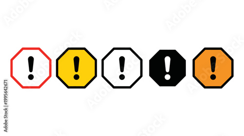 Five octagonal warning signs with exclamation points in various color schemes