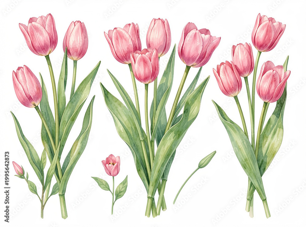 Fototapeta premium Pink tulips with green stems and leaves. Tulips in different stages of bloom. Watercolor style illustration. Clean white background. Detailed botanical elements
