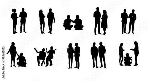 Silhouettes of people in various poses isolated on transparent background, Vector