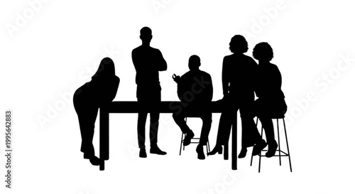 Schilderij op canvas Silhouette group discussing at table isolated on transparent background, Vector