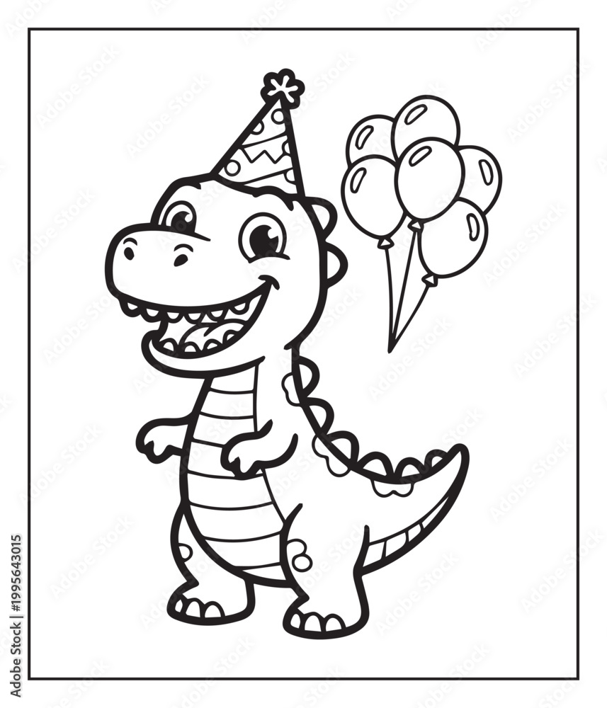 Fototapeta premium Cute cartoon dinosaur wearing birthday hat with a bouquet of balloons black outline vector illustration print ready coloring book design for kids