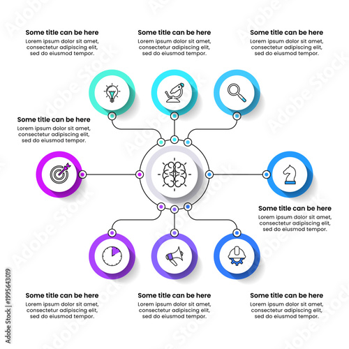 Infographic template. 8 connected circles with icons