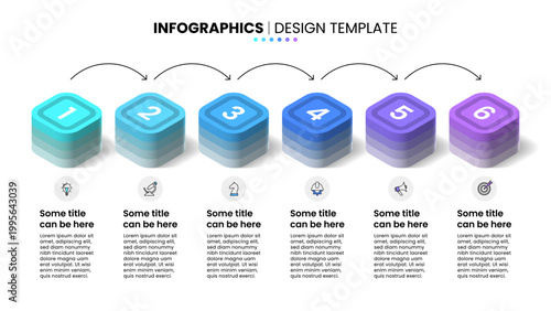 Infographic template. 6 itometric columns with numbers and arrows