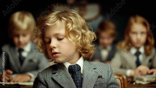Childs in business suits attend meeting in conference room with serious expressions during daytime