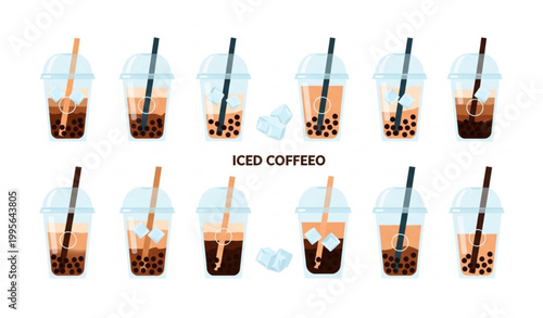 Set of iced coffee and bubble tea vector with takeaway drinks flat design collection