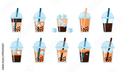 Set of iced coffee and bubble tea vector with takeaway drinks flat design collection