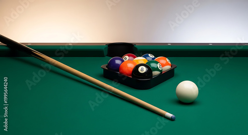 Billiard balls racked in a triangle on a green felt table with a cue stick, indoor game setup