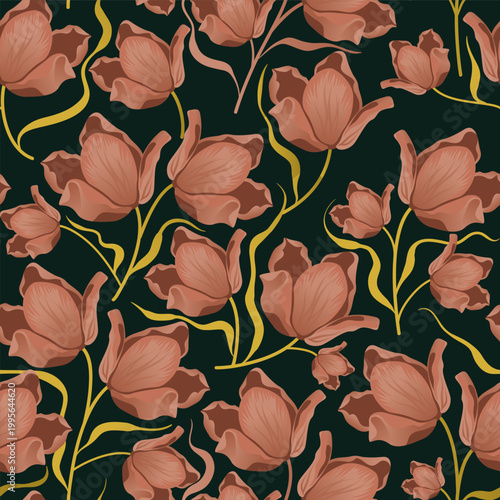 Moody Terracotta Tulip Seamless Pattern: Hand-Drawn Vintage Botanical Illustration on Dark Emerald Background for Luxury Textiles and Home Decor