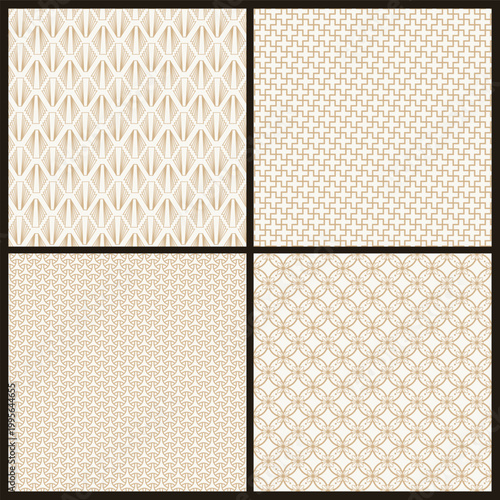 Luxury Art Deco Seamless Pattern Set: Stepped Fan Motifs and Architectural Gold Geometric Ornaments for Premium Stationery and Wedding Branding