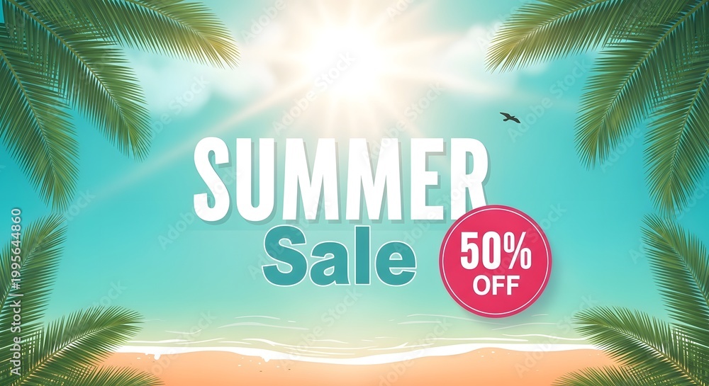Fototapeta premium Summer sale advertisement with palm trees and bright sunlight