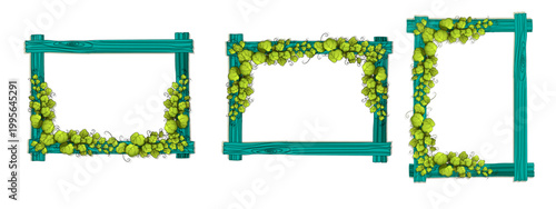 Nature's Canvas: Three elegant frames, adorned with vibrant green vines and spheres, evoke a sense of natural artistry and fresh beauty, offering a touch of rustic charm.