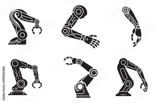 Set of mechanical robotic arms with industrial grippers and bionic prosthetics features showing automated assembly tools and cybernetic limb movement for manufacturing industry.